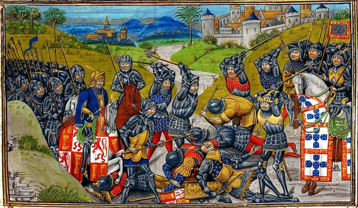 Medieval knights engaged in battle with horses and weapons, illustrating historical conflict and chivalry.