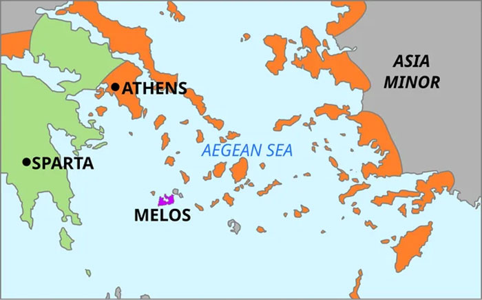 Map showing regions around the Aegean Sea highlighting Athens, Sparta, and Melos in ancient Greece context.