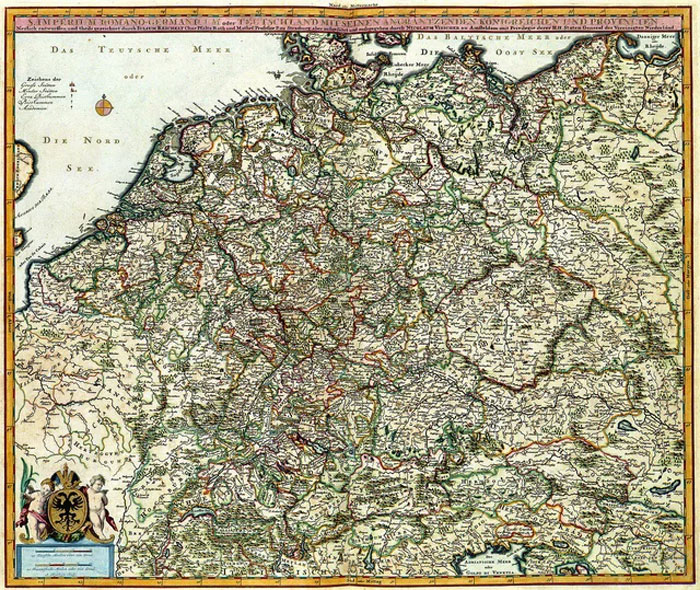 Antique detailed map of Central Europe with historical borders and regions, illustrating early cartography techniques.