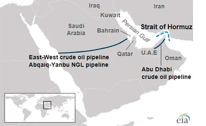 Map showing crude oil pipelines in the Persian Gulf region including East-West and Abu Dhabi crude oil pipelines.