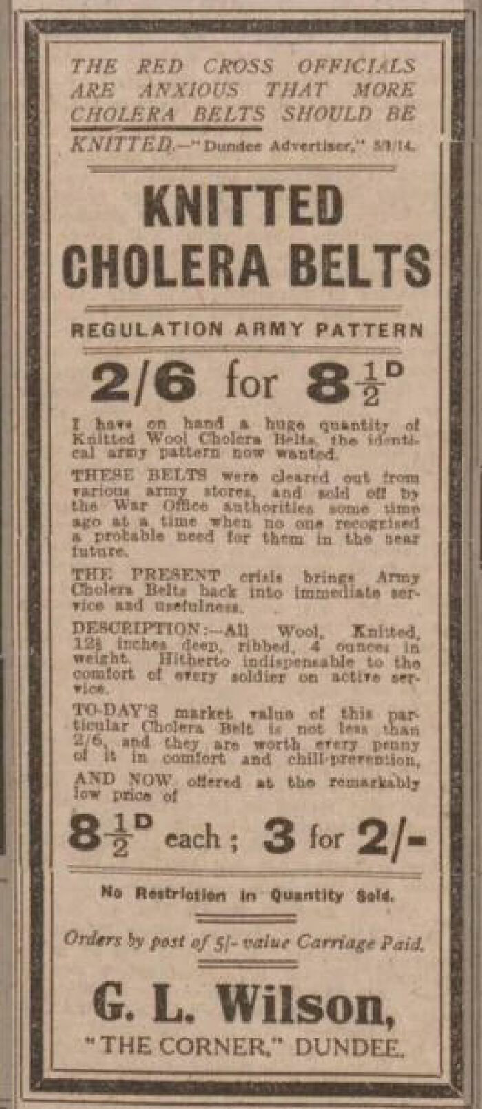 Vintage newspaper ad for knitted cholera belts, highlighting their comfort and use during medical crises.