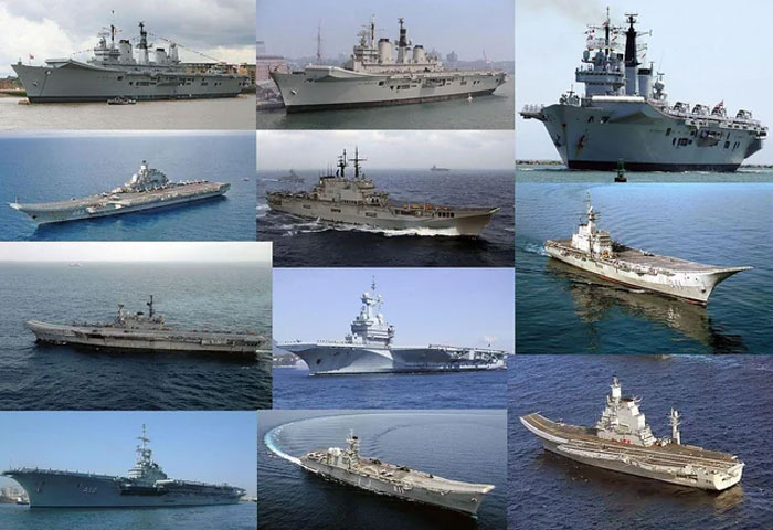 Collage of various aircraft carriers sailing in different sea conditions, illustrating naval power and maritime technology.