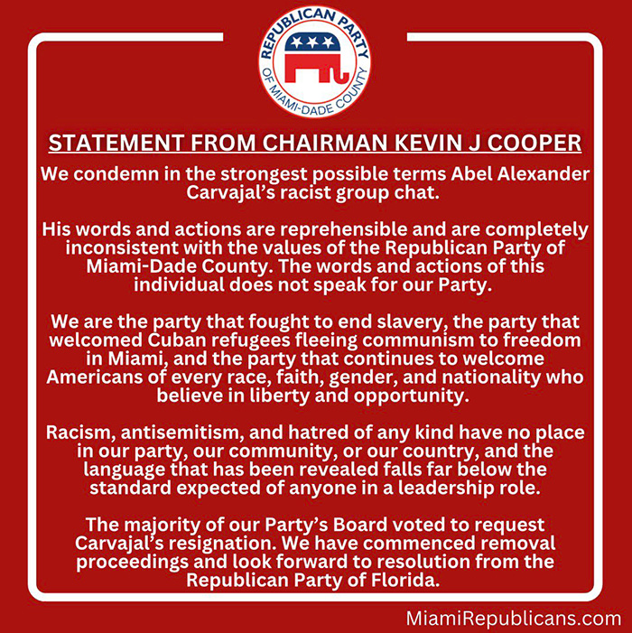 Statement from Miami-Dade Republican Party condemning racist texts amid Turning Point USA college president resignation.