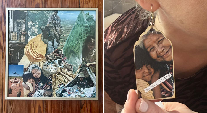Collage artwork and a close-up of an earring featuring a photo of two smiling people, highlighting one-in-a-million stories.