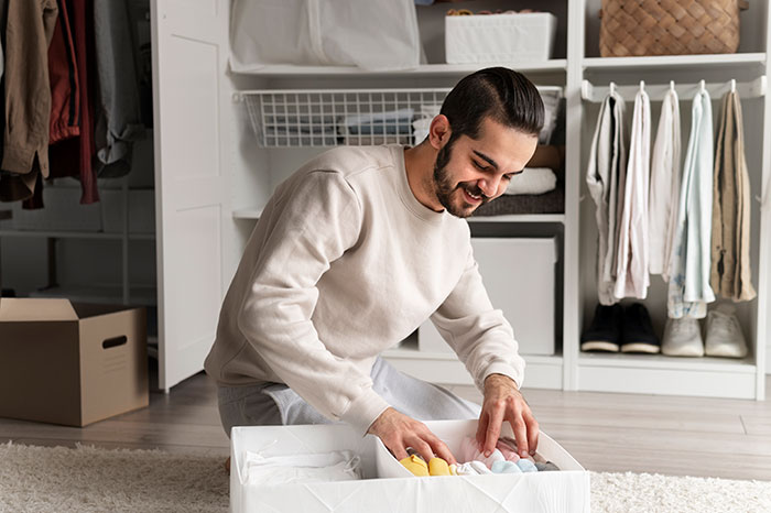 Man rearranging clothes in a drawer, showing an unhelpful husband while a stressed wife watches nearby. Man rearranging clothes in a drawer, showing an unhelpful husband while a stressed wife watches nearby.