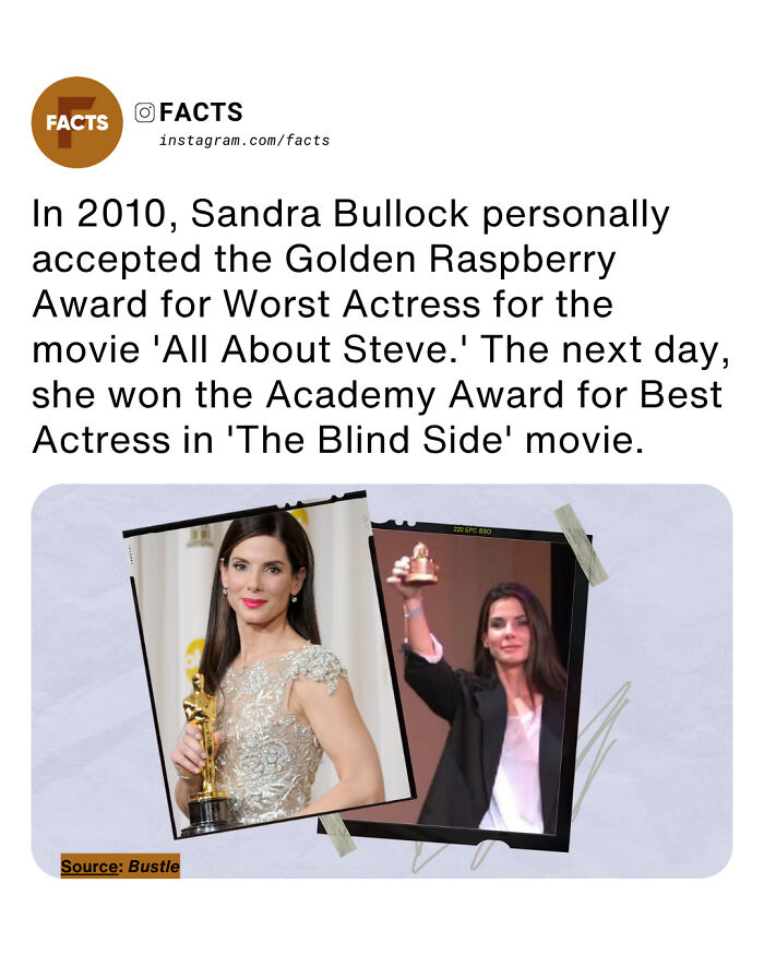 Sandra Bullock holding Oscar and Golden Raspberry awards, showcasing interesting facts for daily brain-care enlightenment.