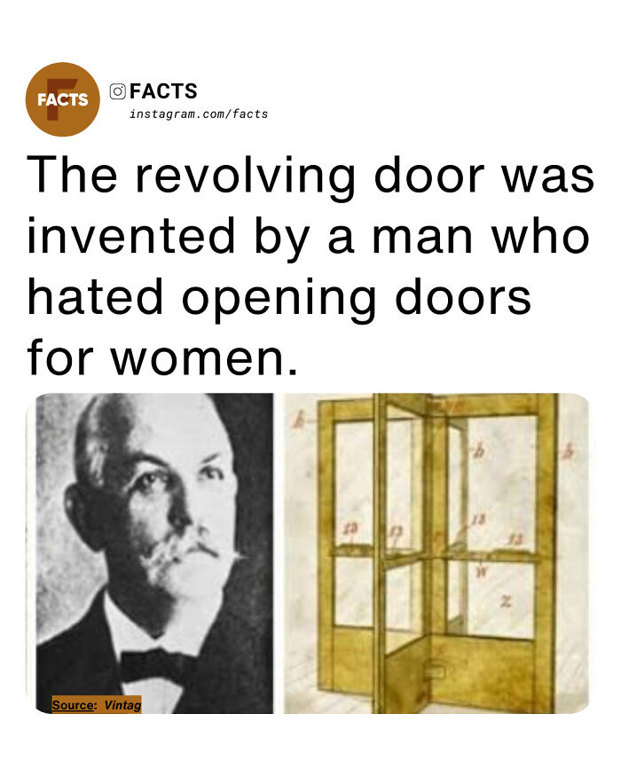 Black and white photo of the revolving door inventor next to a vintage revolving door sketch, brain-care facts concept.