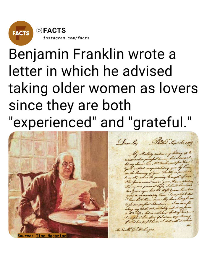 Benjamin Franklin letter advising older women as lovers, highlighting interesting facts for daily brain-care and enlightenment.