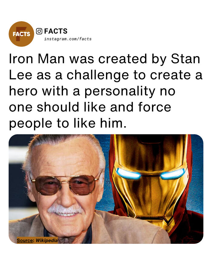 Stan Lee pictured next to Iron Man with a fact about Iron Man's creation for daily brain-care facts.