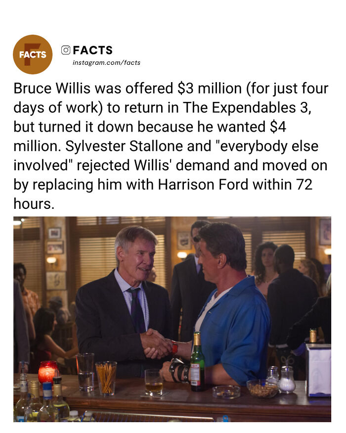 Harrison Ford and Sylvester Stallone shaking hands in a bar scene illustrating interesting facts for daily brain-care.