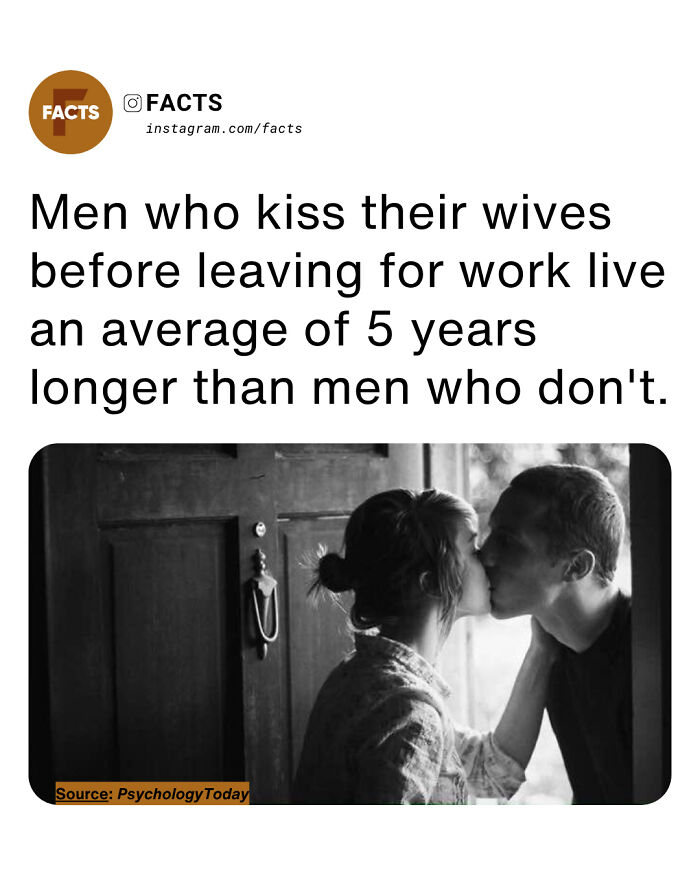 Couple kissing at the door with a fact about men living longer, highlighting interesting facts for daily brain-care.