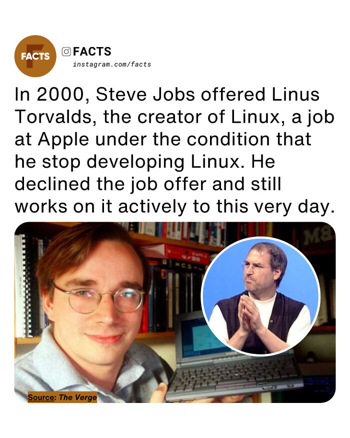 Linus Torvalds with laptop and Steve Jobs in inset, illustrating an interesting brain-care fact about technology history.