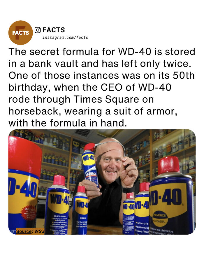 Man holding WD-40 can surrounded by multiple WD-40 cans illustrating interesting facts for daily brain-care.