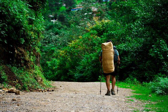 Hiker with large backpack walking single file on gravel path surrounded by dense green forest, challenging beliefs outdoors.