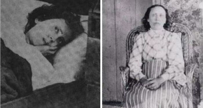Black and white images depicting unsettling mysteries with a woman lying in bed and another seated in a rustic setting.