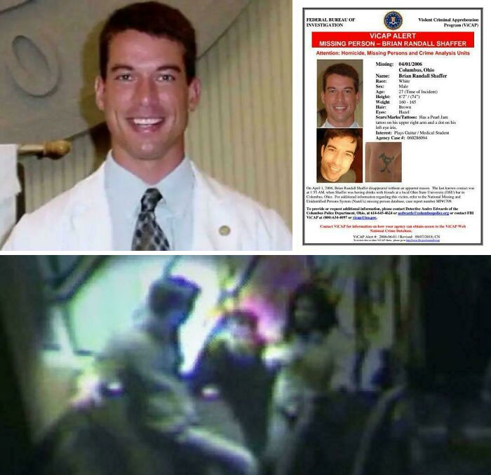 Photo of missing person Brian Randall Shaffer with FBI alert and blurry surveillance footage, related to unsettling mysteries.