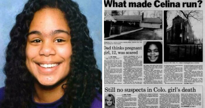 Smiling young girl with curly hair alongside newspaper clippings about an unsettling mystery involving her disappearance and death.