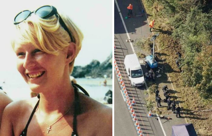 Left side shows a smiling woman with sunglasses on her head at the beach, right side shows a roadside forensic investigation scene.