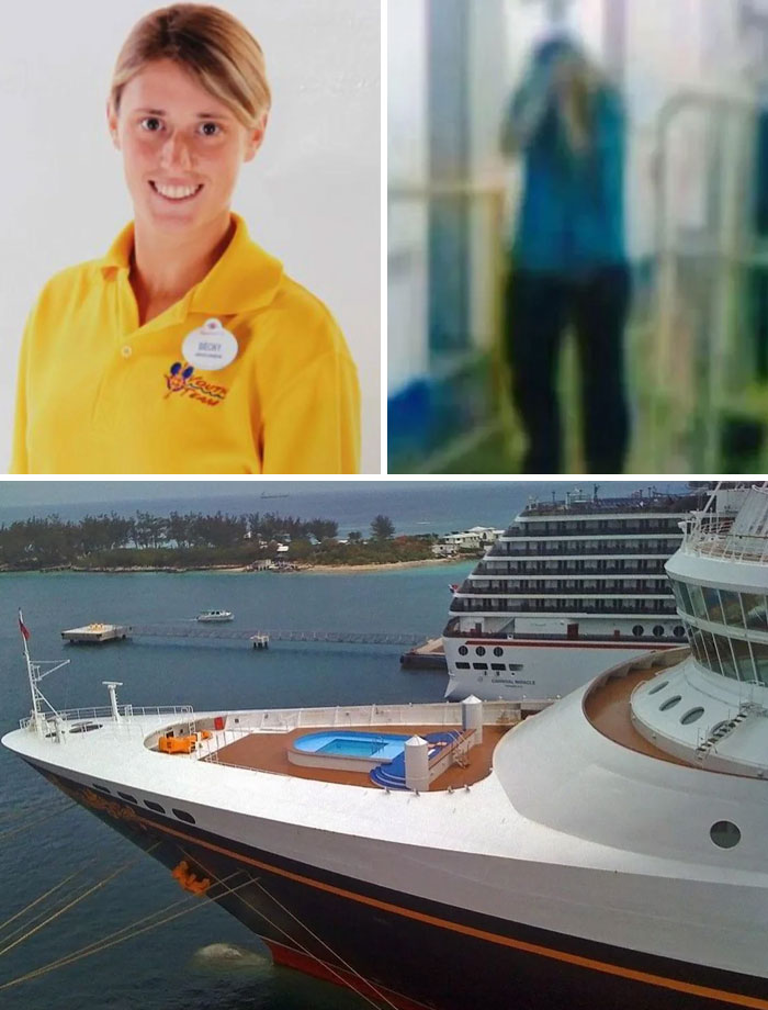 Image collage with a smiling woman in a yellow shirt, a blurry figure in a corridor, and a large cruise ship docked at a port, related to unsettling mysteries.