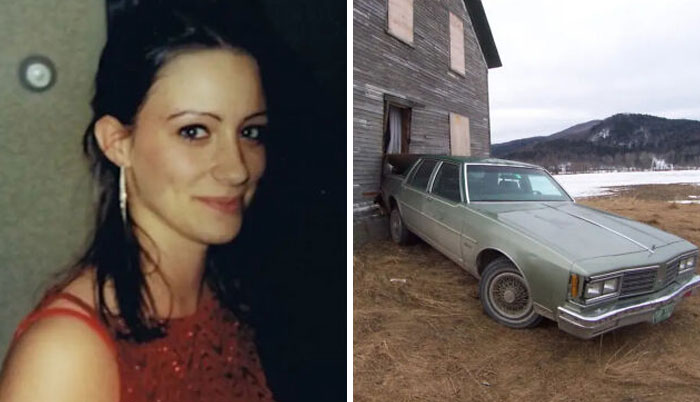 Split image showing a woman with dark hair smiling and an old car parked beside a weathered barn, evoking unsettling mysteries.