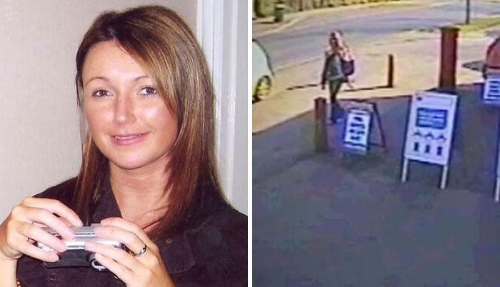 Woman holding a camera in a photo beside CCTV footage of a person walking near sidewalk signs in an unsettling mysteries case.