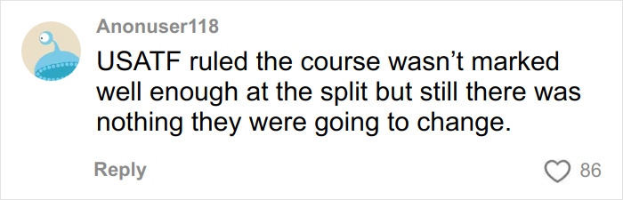 Comment from Anonuser118 discussing US track star losing title due to officials’ mistake in course marking error.