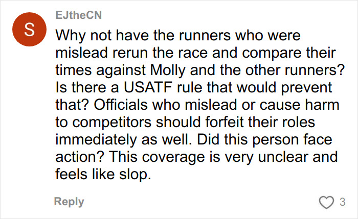 Comment criticizing officials' mistake affecting US track star's title, calling for action and clearer coverage of the probe findings.
