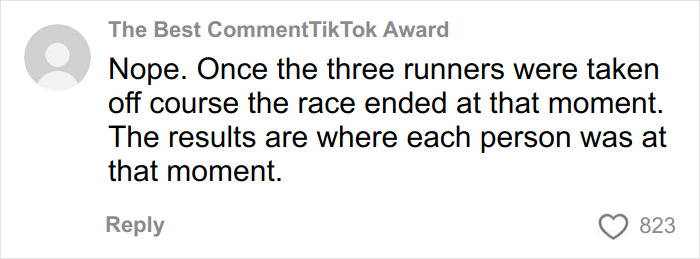 Commenter named The Best CommentTikTok Award explaining race results after runners were taken off course during a track event.