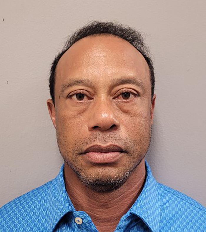 Tiger Woods in a close-up mugshot wearing a blue shirt after a reported DUI arrest and Vanessa Trump's fierce ultimatum.