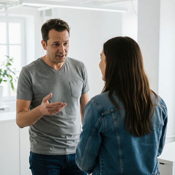 Man gesturing while talking to a woman, illustrating a mansplaining moment during a casual conversation indoors.