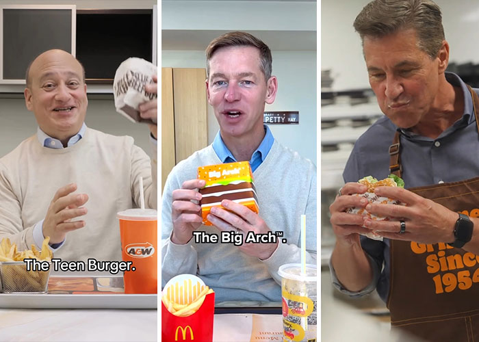 Three men tasting different burgers from fast food chains, highlighting Wendy's joining the burger battle after McDonald's viral issue.