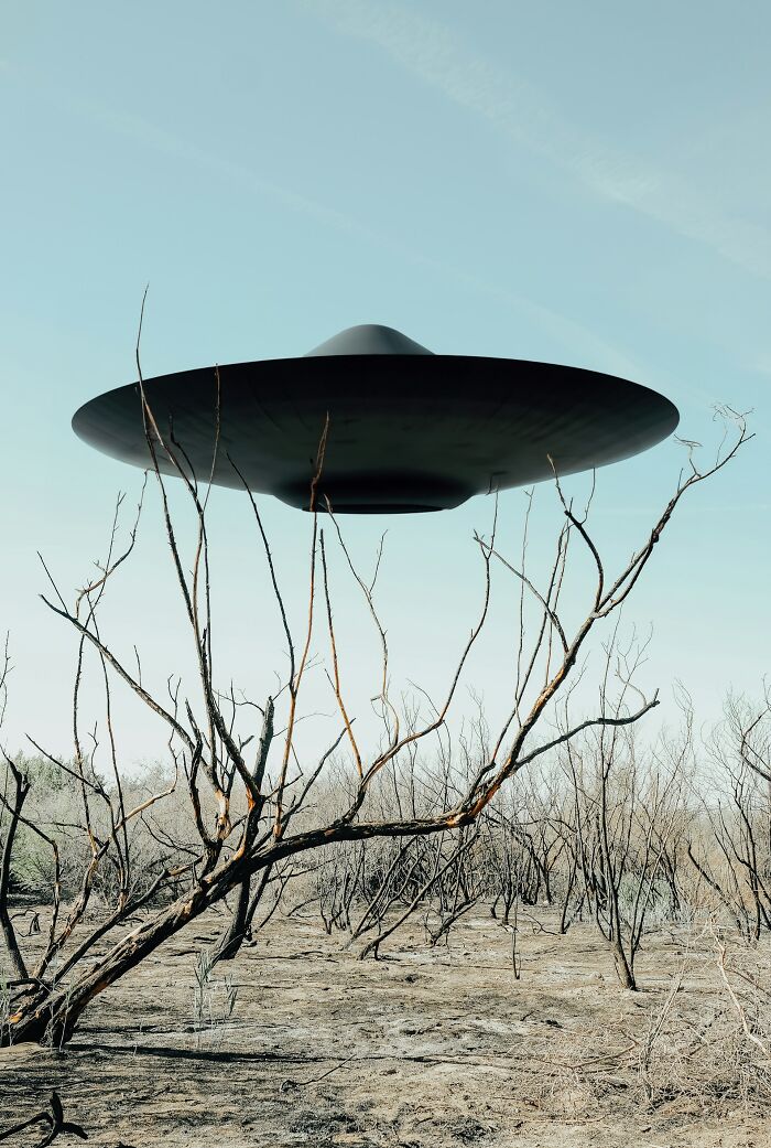 Black UFO hovering over dry trees in a barren landscape, illustrating things people said that sounded like a complete joke but were serious.