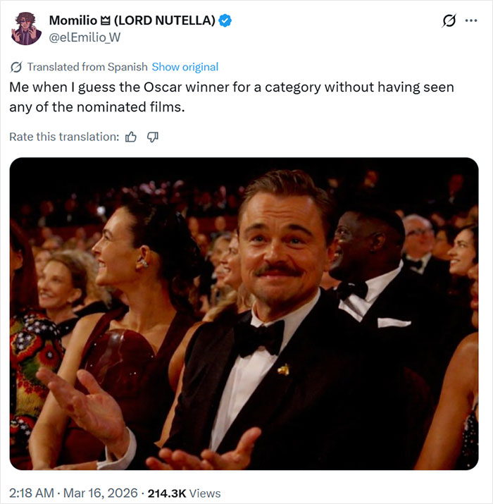 Leonardo DiCaprio shrugging and smiling in an audience, illustrating Oscars memes about guessing winners and reactions.