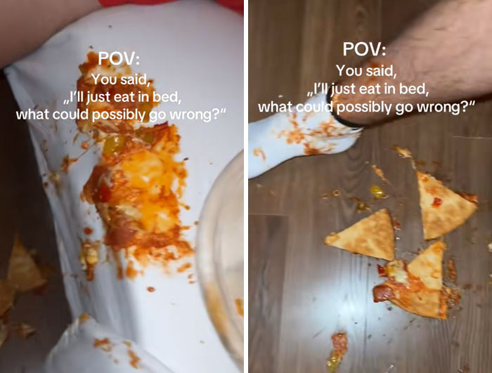 Pizza slice spills on white bedding and wooden floor, illustrating people forgetting what could go wrong disasters.