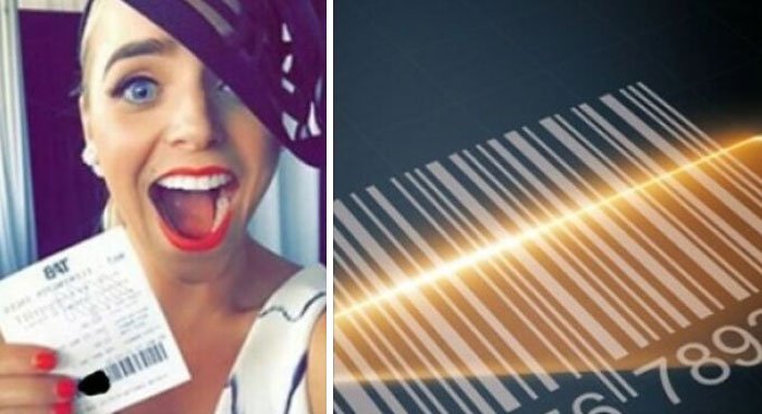 Woman excitedly holding a lottery ticket next to a glowing barcode, illustrating what could go wrong disasters concept.