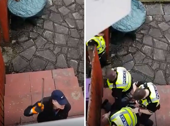 Person on stairs with a broken railing causing a disaster, followed by police assisting at the accident scene