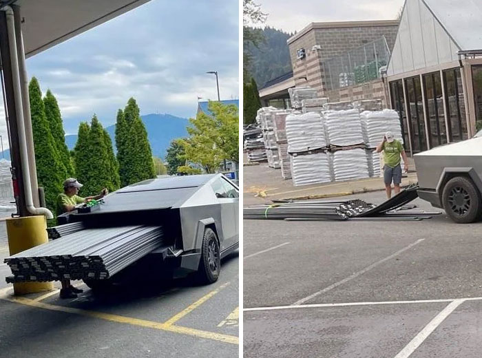 Man struggles to transport long metal bars in a Tesla Cybertruck, resulting in a clear what could go wrong disaster.