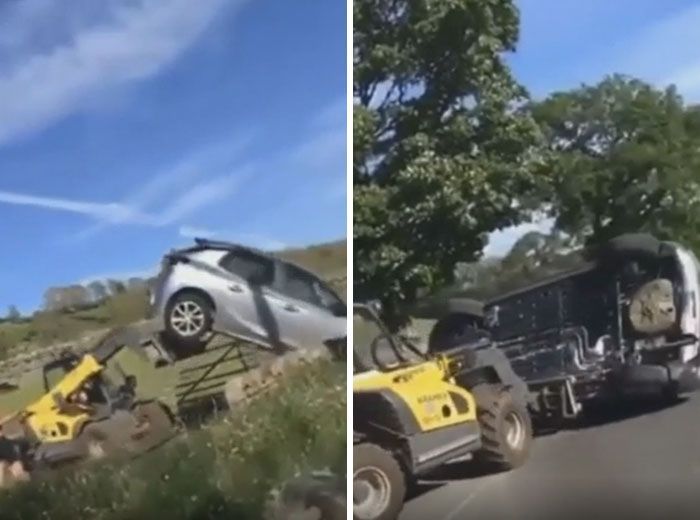 Construction vehicle lifting a car leading to a major disaster, illustrating what could go wrong moments caught on camera.