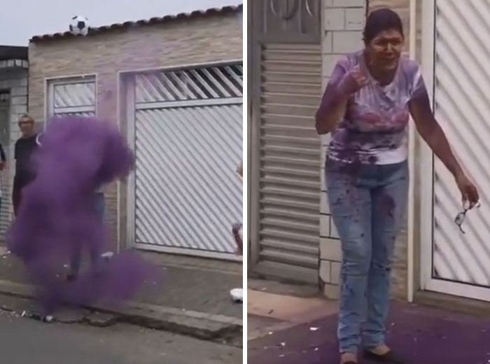 Person caught in purple powder explosion on the street, illustrating moments when disasters happen unexpectedly.
