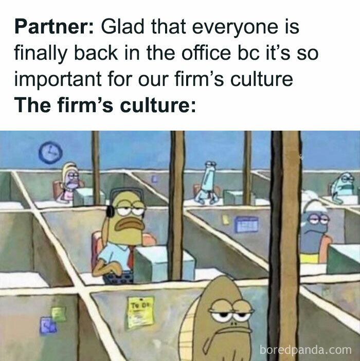 Office cubicles with bored fish characters, illustrating white collar humor about company culture and office life.