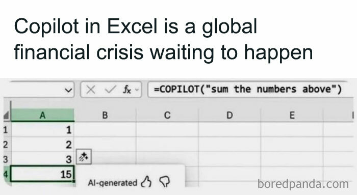 Excel spreadsheet with a humorous AI-generated Copilot formula error, illustrating white collar humor in the workplace.