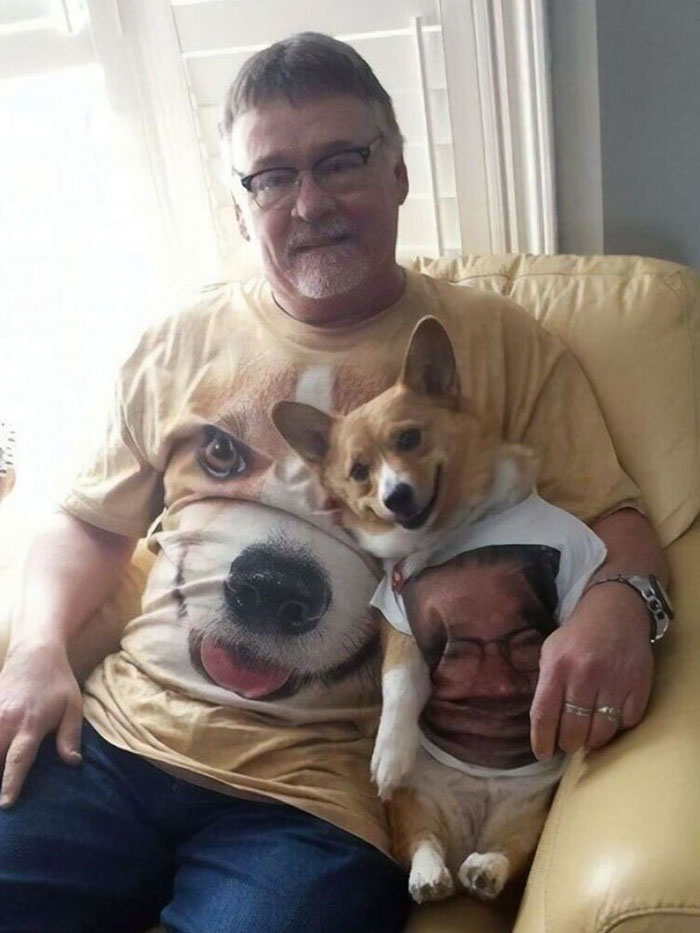 Man and dog wearing matching shirts with each other's faces, showcasing uplifting posts about good left in the world.