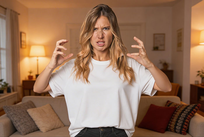 Frustrated young woman in a white shirt expressing anger indoors, symbolizing selfish breakup drama at a grandson's funeral.
