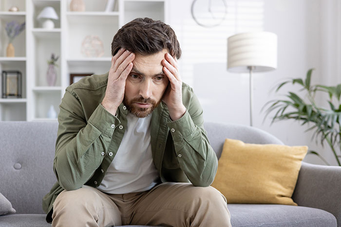 Man sitting on a couch looking stressed and worried, reflecting on bride’s obsession with control affecting friendships.