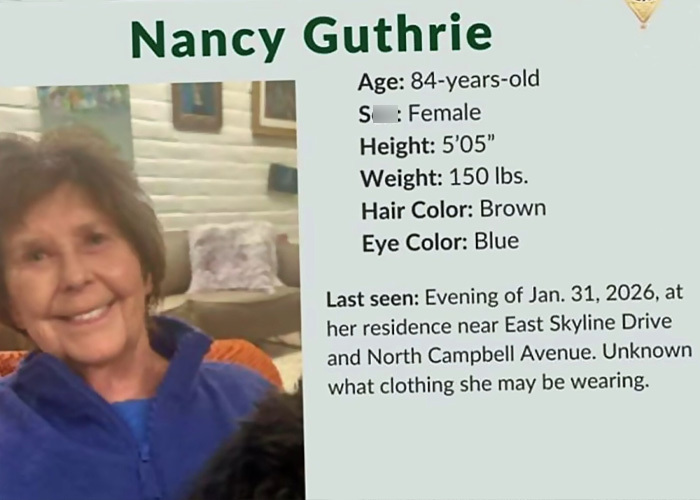 Photo of missing woman Nancy Guthrie with details, related to body found near Phoenix canal in ongoing case.