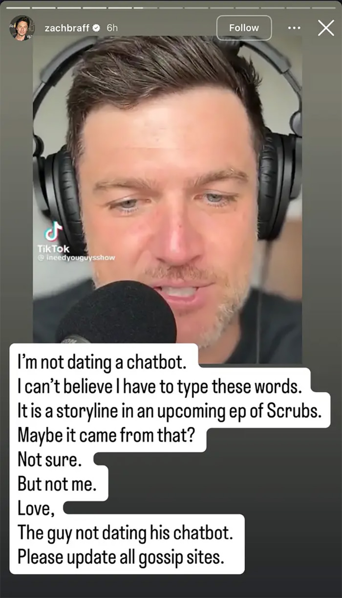 Zach Braff speaking into a microphone wearing headphones, addressing bizarre accusations about dating a chatbot.