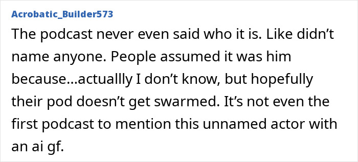 Text message about a podcast discussing an unnamed actor linked to an AI girlfriend controversy.