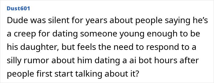 Comment from user Dust601 discussing Zach Braff responding to a bizarre AI bot dating rumor online.
