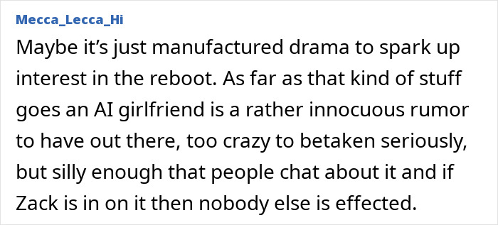 Screen capture of a forum post discussing a bizarre accusation related to Zach Braff amid reboot rumors and AI girlfriend talk.