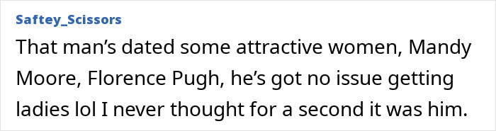 Screenshot of a user comment discussing Zach Braff amid bizarre accusations, mentioning Mandy Moore and Florence Pugh.